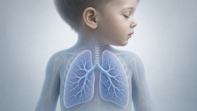 Illustrated developing child lungs and branching airways representing childhood asthma in the POMME cohort