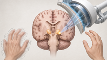 Simplified brain illustration highlighting the thalamus in Parkinsons disease tremor treatment