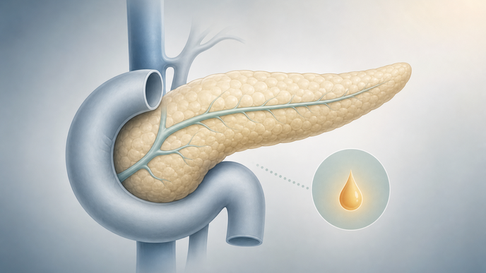 Simplified pancreas with a subtle low glucose cue representing documented inpatient hypoglycemia in adults with diabetes