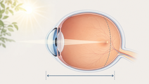 Simplified eye cross section showing axial length and pediatric myopia control