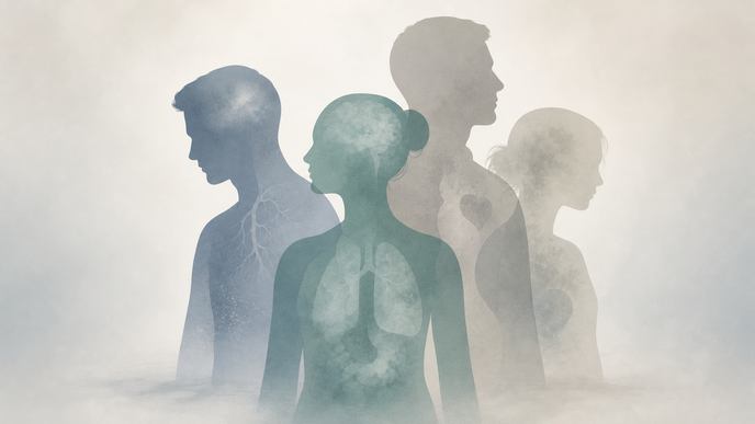 Grouped silhouettes depict varied long term post COVID symptom profiles without implying established diagnostic subtypes