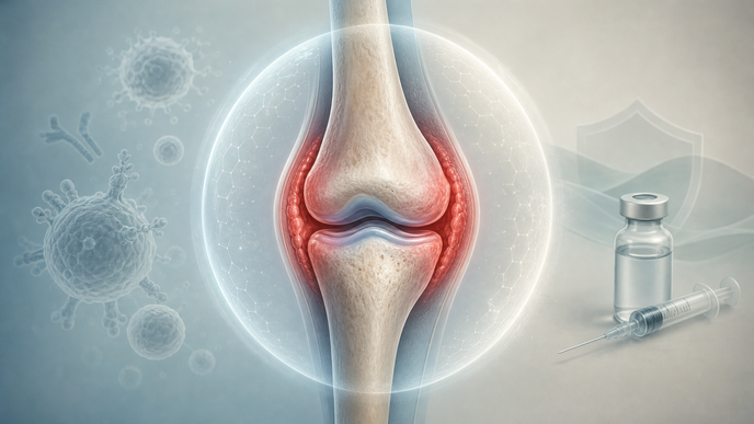 Illustrated inflamed synovial joint representing inflammatory arthritis during COVID19 vaccination treatment decisions