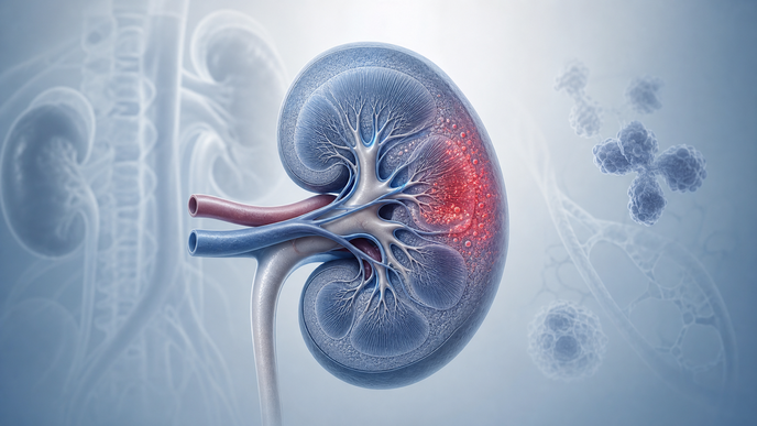 Stylized kidney with biomarker signal representing circulating KIM1 in lupus nephritis