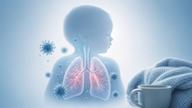 Infant lung silhouette with RSV viral particles and family burden iconography