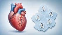 Simplified heart with coronary arteries and nearby physician icons suggesting PCI provider density