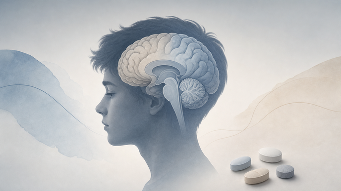 Illustrated adolescent brain with nearby tablets representing depression and prescription psychotherapeutic drug misuse