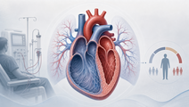 Simplified heart and pulmonary vasculature illustrating pulmonary hypertension risk in hemodialysis