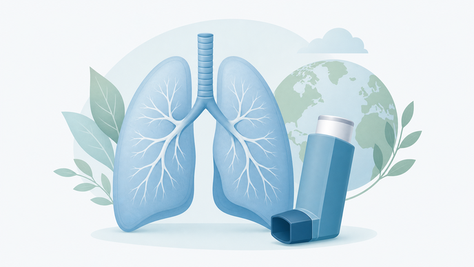 Stylized lung icon beside a fast acting asthma inhaler with subtle environmental impact cue