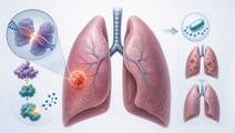 Illustration of lungs with metastatic ALK rearranged nonsmall cell lung cancer and targeted therapy context