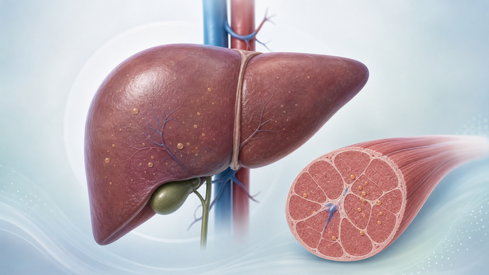 Human liver with reduced fat droplets and adjacent skeletal muscle cross section in type 2 diabetes
