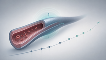 Simplified blood vessel and historical measurement dots illustrating hypertension prediction in type 2 diabetes