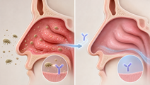 Simplified nasal passages showing house dust mite allergic rhinitis and IgE reactivity