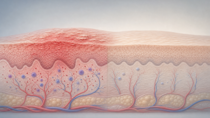 Illustrated cross section of atopic dermatitis skin with mild inflammation and an adjacent calmer tissue area
