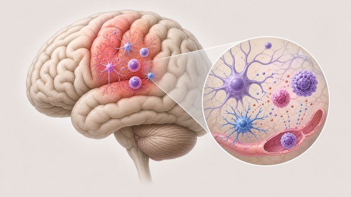 Left superior frontal gyrus brain illustration with glial and inflammatory signals in atopic dermatitis