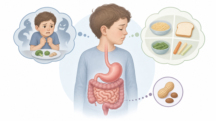 Simplified pediatric stomach with food allergy cues for fear related restrictive eating and picky eating