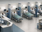 Simplified emergency department treatment bays illustrate overcrowding and strained patient care capacity