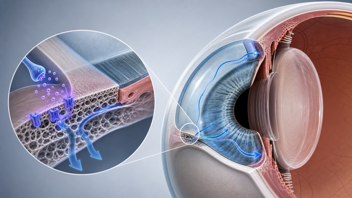 Cross section of eye trabecular meshwork showing glaucoma related aqueous outflow and intraocular pressure regulation