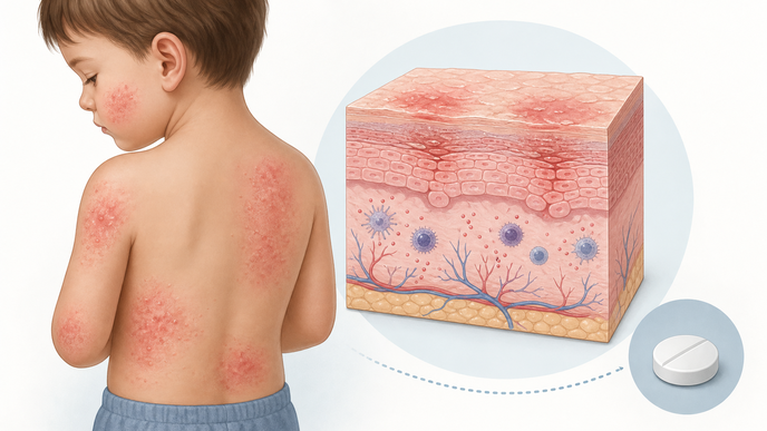 Atopic dermatitis skin inflammation with oral antihistamine tablet icon