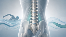Illustrated lumbar spine with wave motifs representing swimming therapy for chronic low back pain