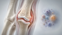 Illustrated rheumatoid arthritis hand joint with inflammation and nearby atypical cells representing incident cancer risk