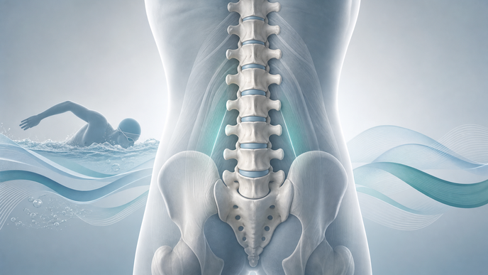 Illustrated lumbar spine with wave motifs representing swimming therapy for chronic low back pain