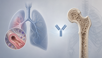 Simplified lung and bone illustration representing anti IgE therapy and bone preservation in allergic airway inflammation