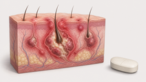 Inflamed hidradenitis suppurativa skin tissue with oral treatment concept and nodular lesions