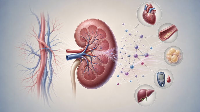 Simplified kidney with connected vascular and molecular nodes showing IgA nephropathy overlap