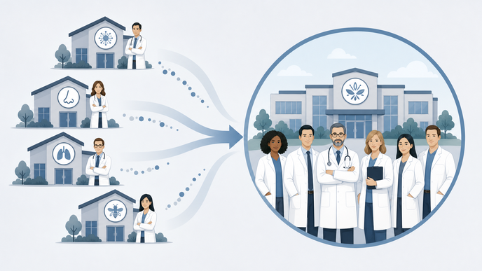 Stylized allergist practice icons shifting into a larger multispecialty group symbol