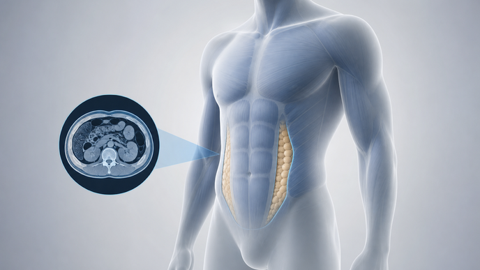 Tirzepatide body composition illustration showing reduced abdominal fat and lean tissue overlay