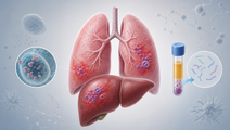Simplified lung and liver illustration showing acute Q fever with inflammatory cell clusters and plasma mNGS diagnosis