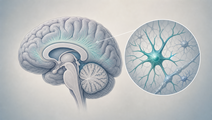 Illustrated brain with highlighted glial cells representing GFAP related Alexander disease
