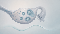 Illustrated ovary with follicles and subtle sleepwave motif representing sleep after oocyte retrieval