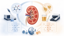 Simplified kidney illustration with creatinine and urinary protein assay panels for laboratory quality assessment