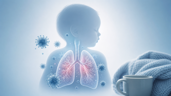 Infant lung silhouette with RSV viral particles and family burden iconography