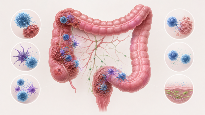 Stylized colon with metastatic colorectal cancer and immune response cues
