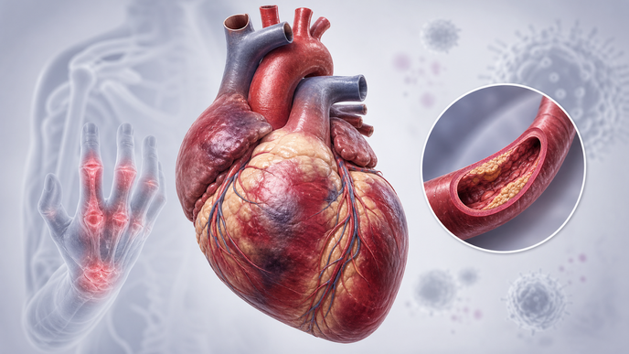 Illustrated heart showing rheumatoid arthritis related cardiovascular complications and heart failure
