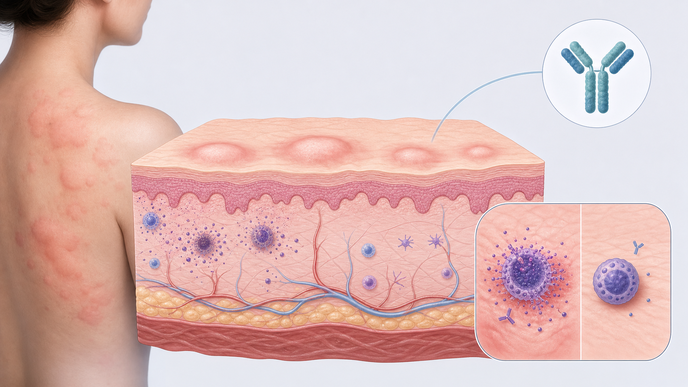 Simplified skin cross section showing chronic spontaneous urticaria inflammation and biologic treatment context