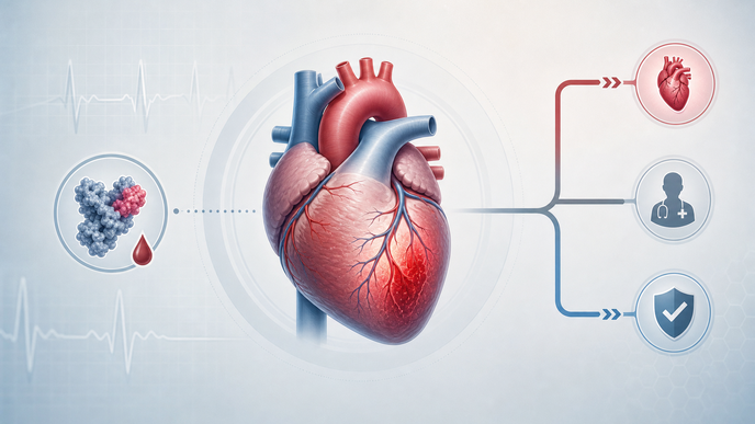 Stylized heart with troponin biomarker cue for emergency department myocardial infarction triage
