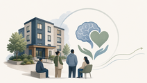 Supportive housing building with brain and heart symbols representing mental health and wellbeing