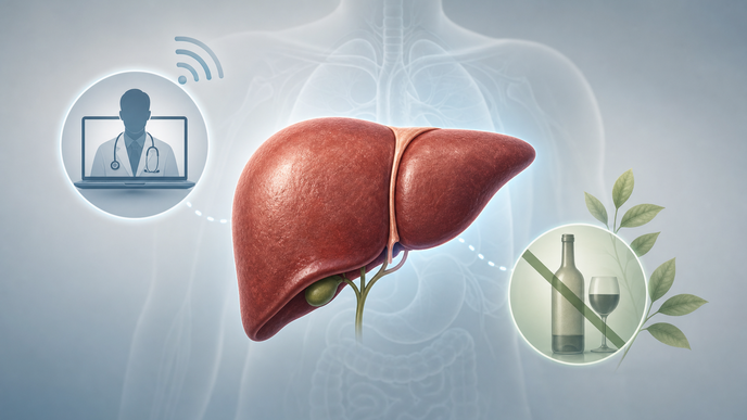 Stylized liver with telehealth signal icon representing stepped alcohol treatment in chronic liver disease