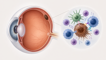 Simplified eye showing uveal melanoma with adjacent immune cells and disease activity