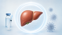 Simplified liver with a protective halo representing hepatitis B vaccination and chronic HBV infection prevention