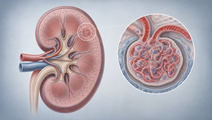 Illustrated kidney crosssection showing subtle glomerular changes associated with IgA nephropathy
