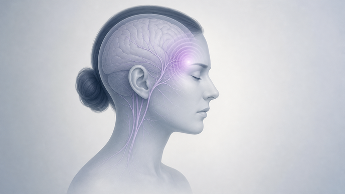 Simplified anatomical head silhouette highlighting the temple region affected by acute migraine pain