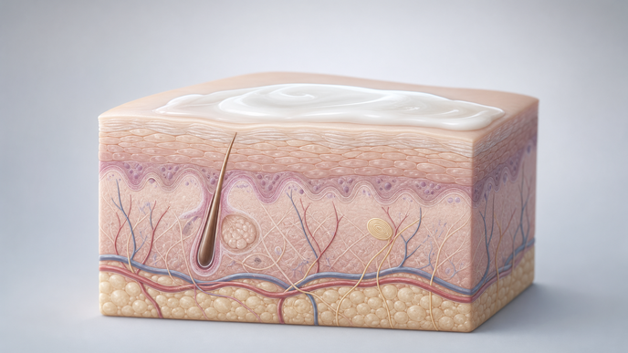 Illustrated skin cross section with topical cream representing potentially undeclared clobetasol in online OTC products
