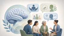 Simplified brain and patient caregiver icons illustrating psychosis psychoeducation and AI support