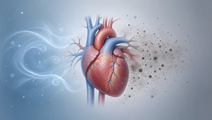Simplified heart with particulate haze and cold air cues illustrating circulatory risk from PM25 and low temperature