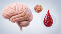 Illustration of brain beta amyloid pathology with a blood drop symbolizing PrecivityAD2 APS2 testing
