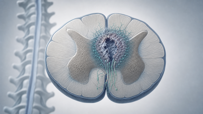 Spinal cord crosssection showing injury scar and limited axonal regrowth